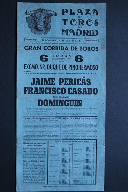 Cartel de toros de Madrid. 4 de junio de 1944.