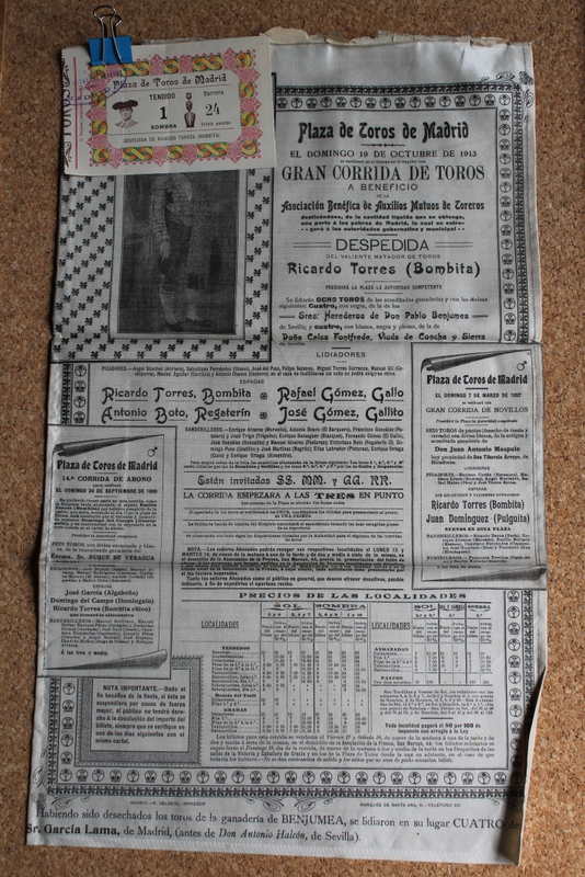 Cartel de toros de Madrid. 19 de octubre de 1913. Gran corrida de toros a beneficio de la Asociación Benéfica de Auxilios Mutuos de Toreros. Despedida del valiente matador de toros Ricardo Torres (Bombita). 