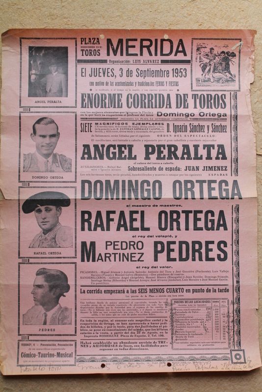 Cartel de toros de Mérida. 3 de septiembre de 1953. Reaparición de Domingo Ortega.