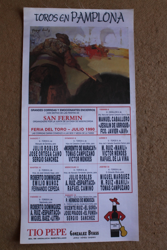 Cartel de toros de Pamplona. Grandes corridas y emocionantes encierros con motivo de las famosas Fiestas de San Fermín. Días 6 al 14 de julio de 1990.