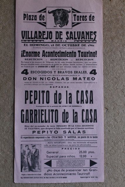 Cartel de toros de Villarejo de Salvanés. 15 de octubre de 1961. 