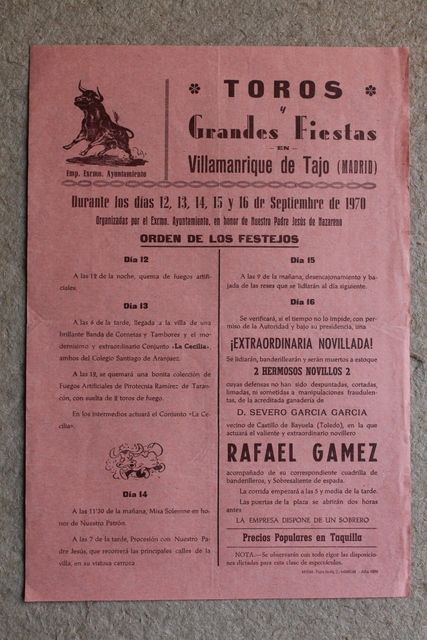 Cartel de toros de Villamanrique de Tajo. 12, 13, 14, 15 y 16 de septiembre de 1970.