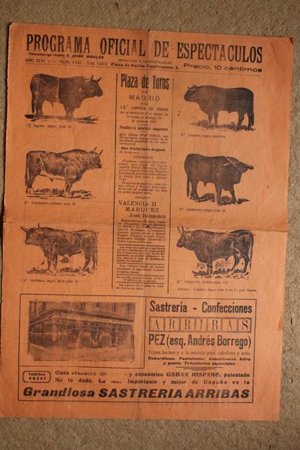 Programa de toros de Madrid. 19 de junio de 1927.