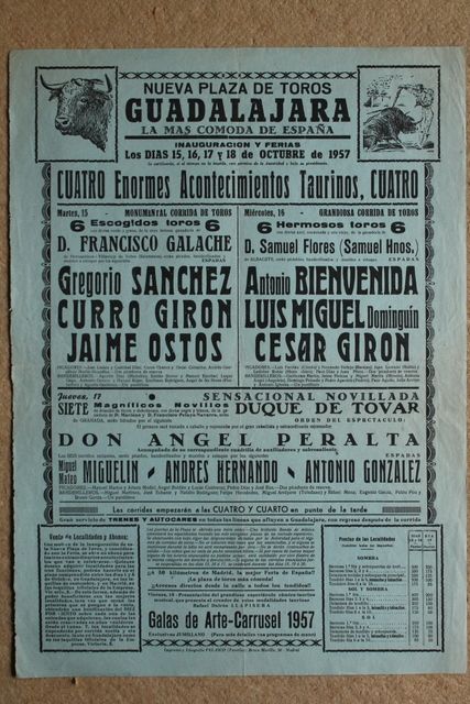 Cartel de toros de Guadalajara. 15, 16, 17 y 18 de octubre de 1957. 