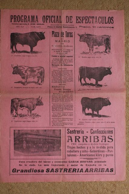 Programa de toros de Madrid. 23 de mayo de 1926.
