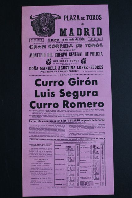 Cartel de toros de Madrid. Jueves, 11 de junio de 1959. Montepío del Cuerpo General de Policía.