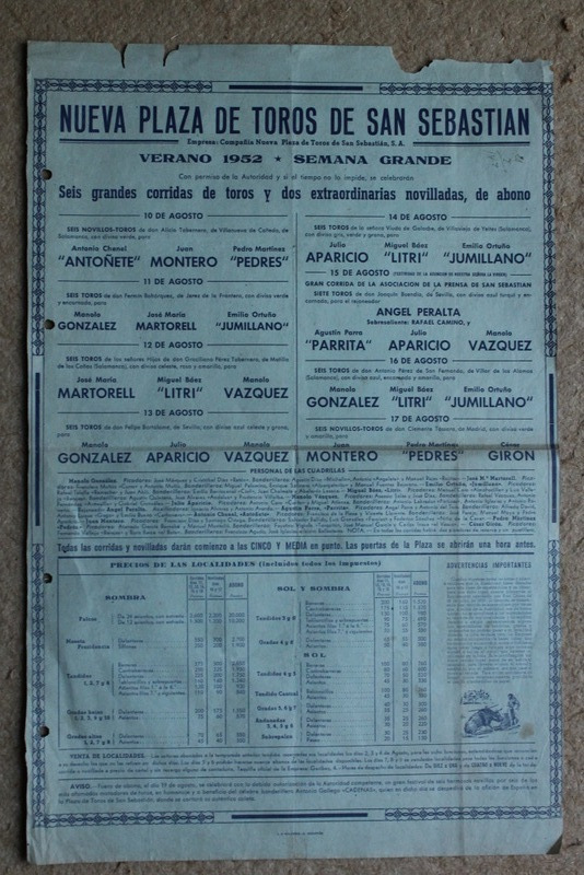 Cartel de toros de San Sebastián. Verano 1952. Semana Grande. 10, 11, 12, 13, 14, 16 y 17 de agosto.