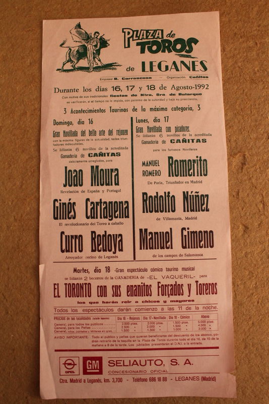 Cartel de toros de Leganés. 16, 17 y 18 de agosto de 1992.