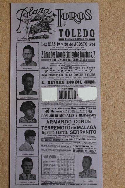 Cartel de toros de Toledo. 19 y 20 de agosto de 1961. 
