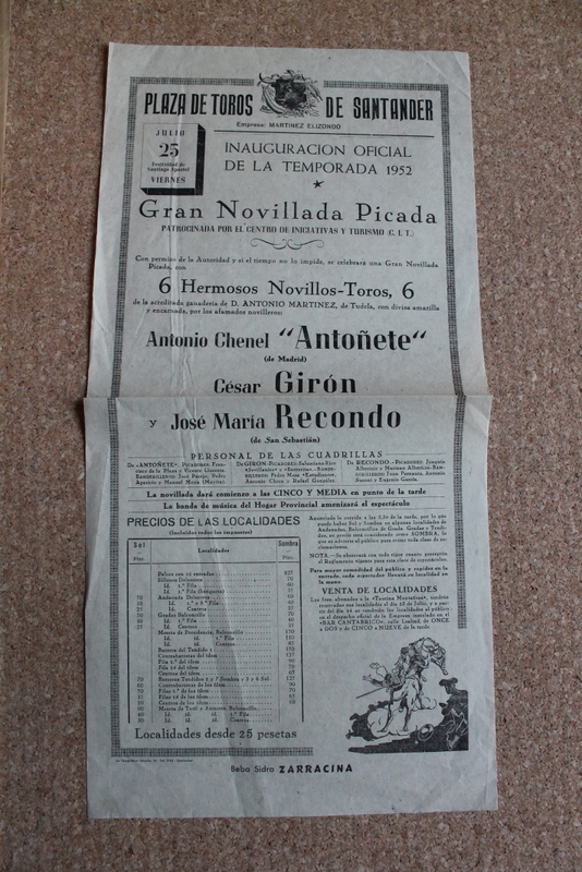Cartel de toros de Santander. 25 de julio de 1952. 