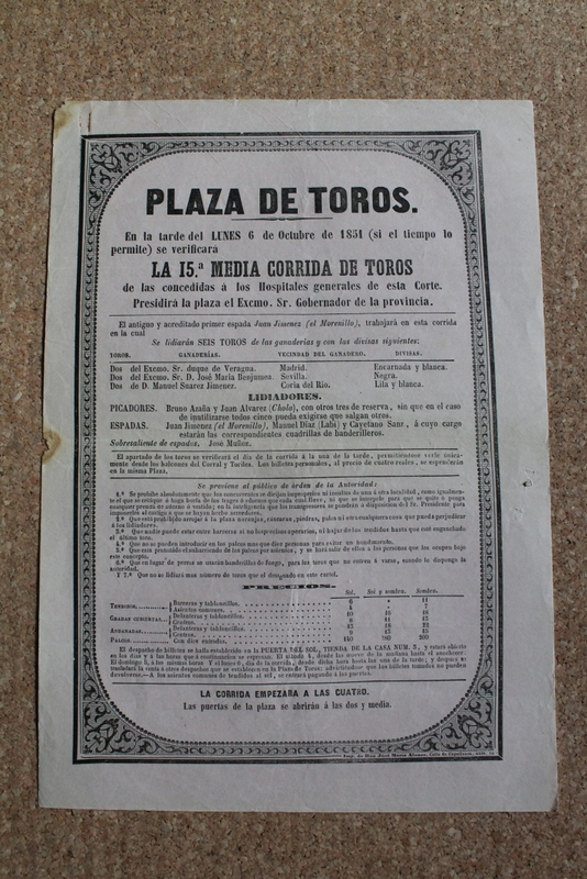Cartel de toros de Madrid. 6 de octubre de 1851.