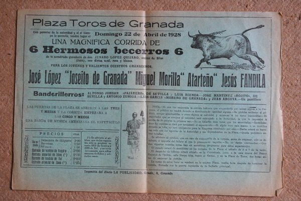 Cartel de toros de Granada. 22 de abril de 1928. 