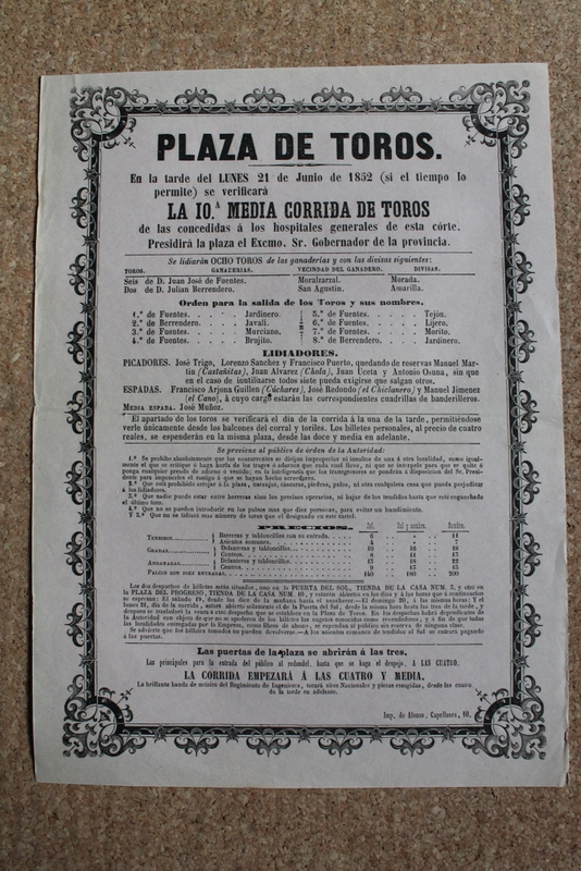 Cartel de toros de Madrid. 21 de junio de 1852.