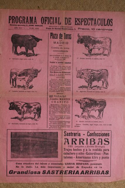 Programa de toros de Madrid. 27 de junio de 1926.