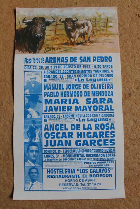 Cartel de toros de Arenas de San Pedro. 22, 29, 30 y 31 de agosto de 1992.