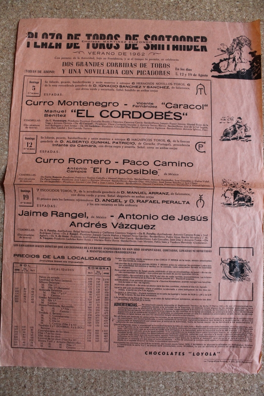Cartel de toros de Santander. 5, 12 y 19 de agosto de 1962. 