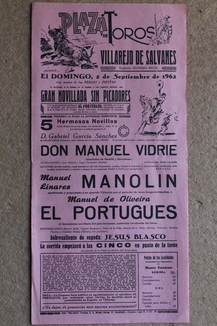 Cartel de toros de Villarejo de Salvanés. 2 de septiembre de 1962.