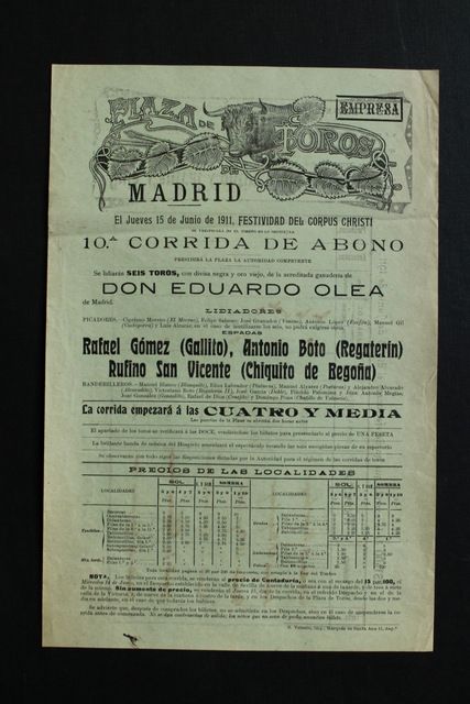Cartel de toros de Madrid. 15 de junio de 1911.