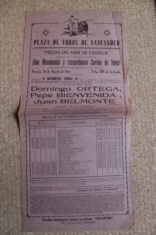 Cartel de toros de Santander. 20 de agosto de 1943. 