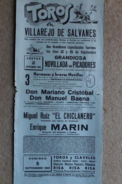Cartel de toros de Villarejo de Salvanés. 2 y 5 de septiembre de 1965.