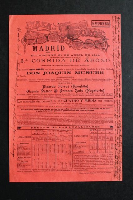 Cartel de toros de Madrid. 21 de abril de 1912.