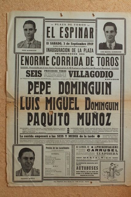 Cartel de toros de El Espinar. 3 de septiembre de 1949.