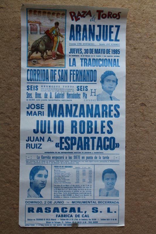 Cartel de toros de Aranjuez. 30 de mayo de 1985. Corrida de San Fernando.