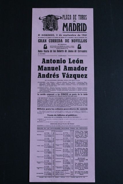 Cartel de toros de Madrid. Domingo, 3 de septiembre de 1961.