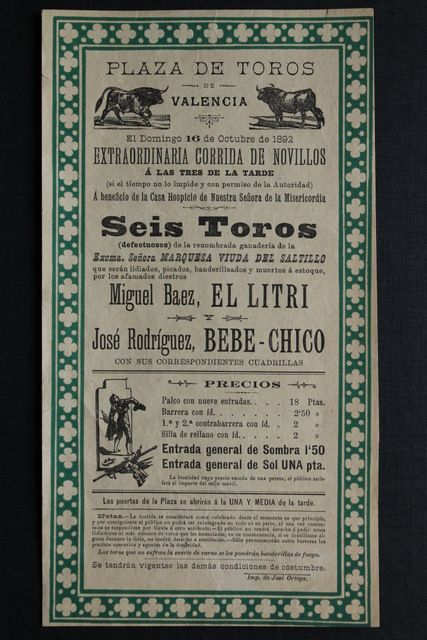 Cartel de toros de Valencia. 16 de octubre de 1892.
