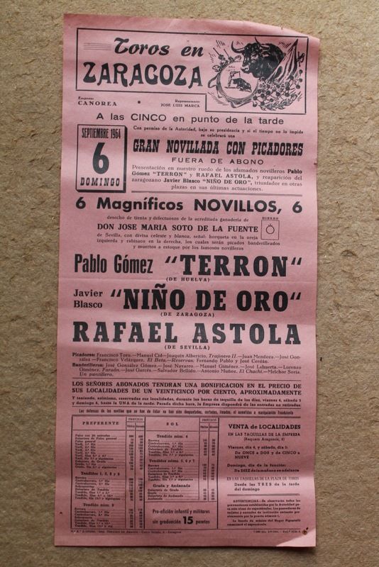 Cartel de toros de Zaragoza. 6 de septiembre de 1964. 