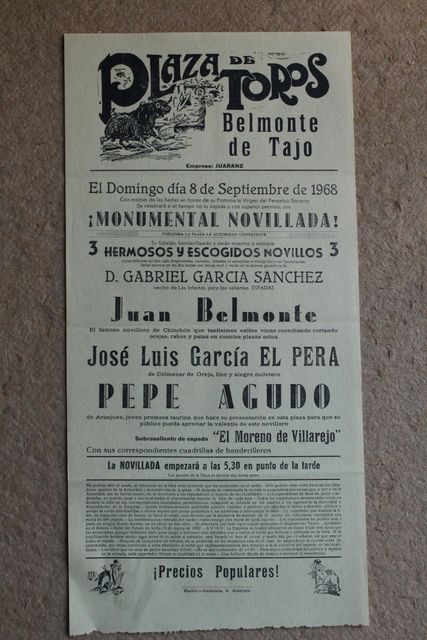 Cartel de toros de Belmonte de Tajo. 8 de septiembre de 1968.