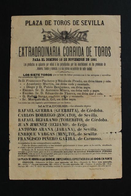 Cartel de toros de Sevilla. 15 de noviembre de 1891.