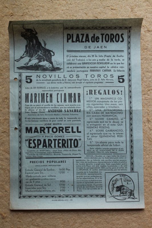 Cartel de toros de Jaén. 18 de julio. Fiesta de la exaltación del trabajo. 