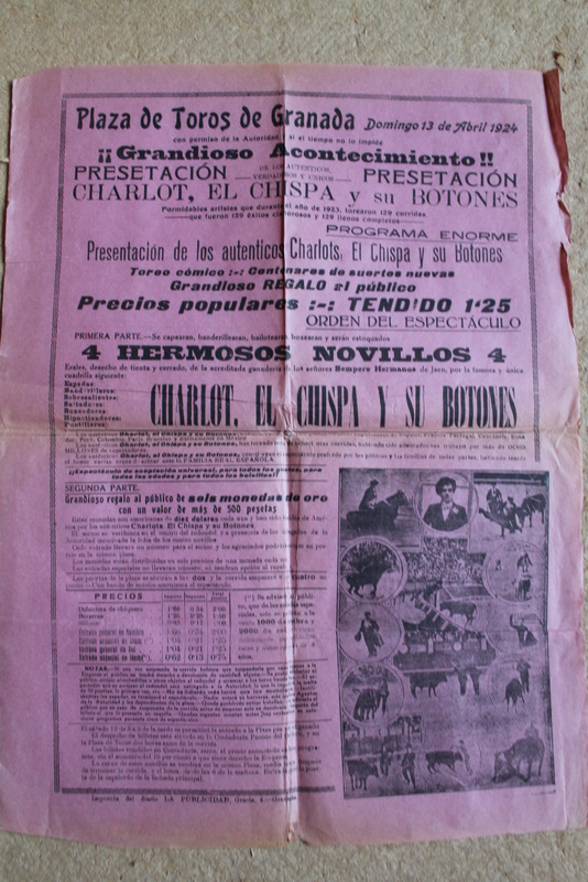 Cartel de toros de Granada. 13 de abril de 1924. Charlot, el Chispa y su botones.