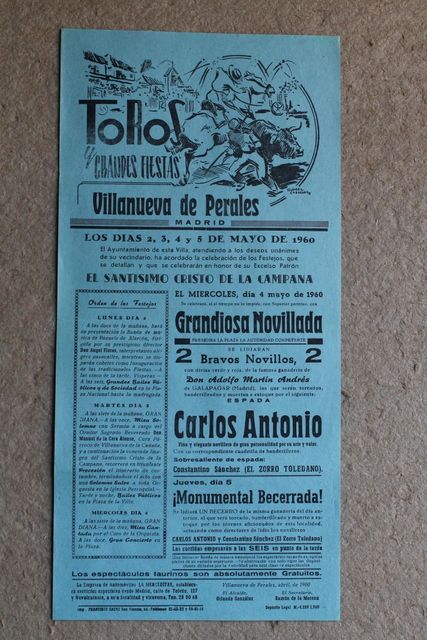 Cartel de toros de Villanueva de Perales. 2, 3, 4 y 5 de mayo de 1960.