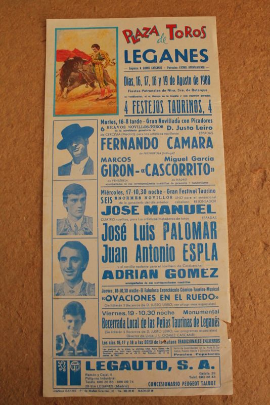 Cartel de toros de Leganés. 16, 17, 18 y 19 de agosto de 1988.