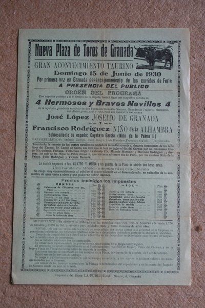 Cartel de toros de Granada. 15 de junio de 1930.