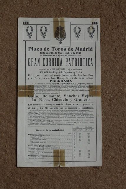 Programa de toros de Madrid. 26 de septiembre de 1921. Gran corrida patriótica organizada por la Cruz Roja Española.