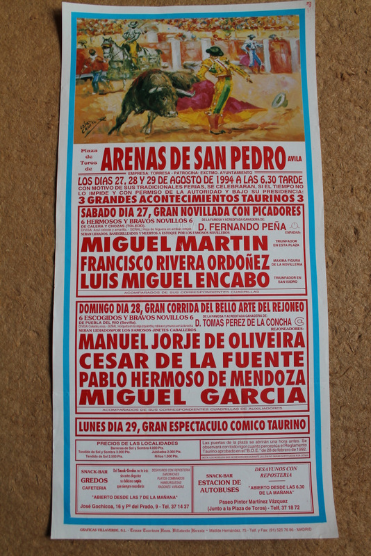 Cartel de toros de Arenas de San Pedro. 27, 28 y 29 de agosto de 1994.