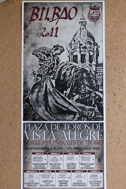 Cartel de toros de Bilbao 2011. Plaza de Toros de Vista Alegre. Días 20 al 28 de agosto de 2011.