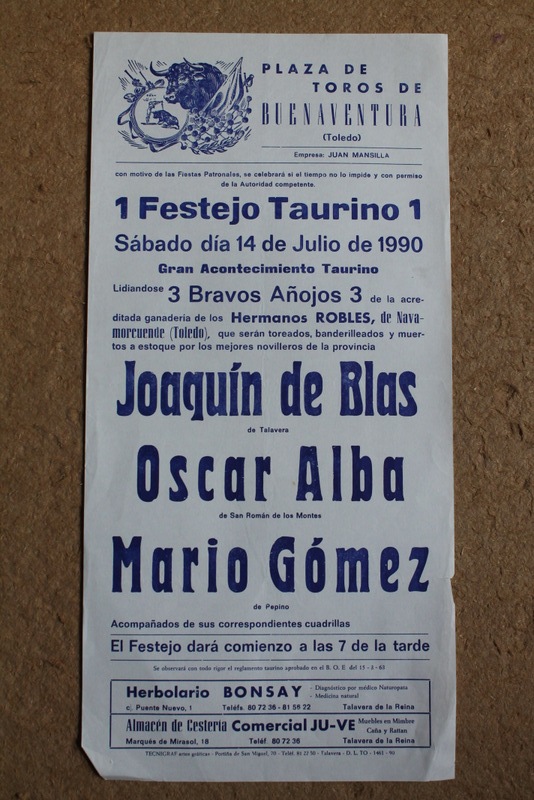 Cartel de toros de Buenaventura (Toledo). 14 de julio de 1990.