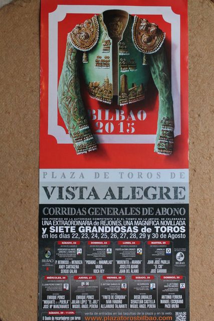 Cartel de toros de Bilbao 2015. Plaza de Toros de Vista Alegre. Días 22 al 30 de agosto de 2015.