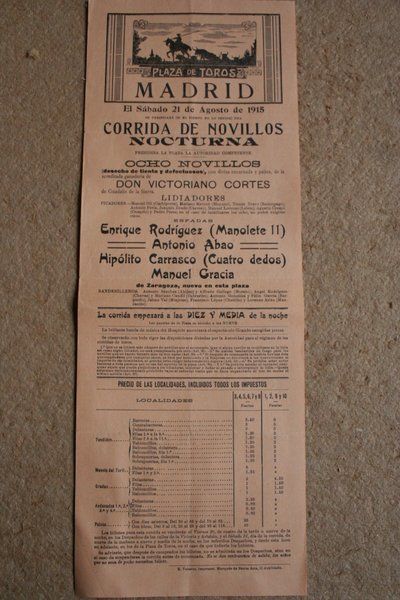 Cartel de toros de Madrid. 21 de agosto de 1915.