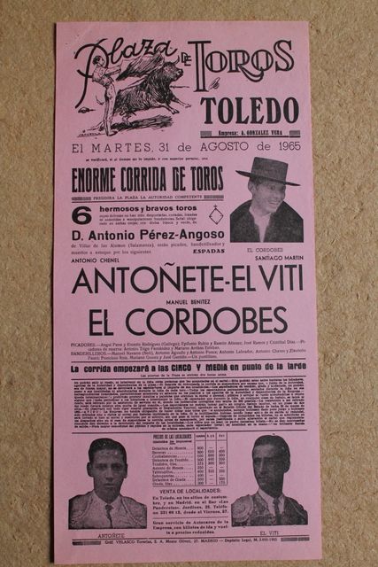 Cartel de toros de Toledo. 31 de agosto de 1965.