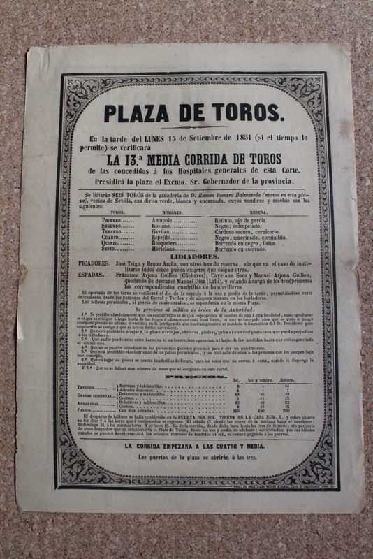 Cartel de toros de Madrid. 15 de septiembre de 1851.