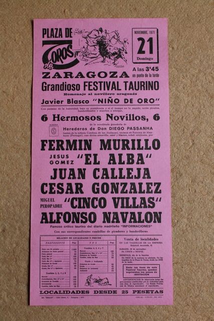 Cartel de toros de Zaragoza, 21 de noviembre de 1971. Homenaje al novillero aragonés Javier Blasco "Niño de Oro".