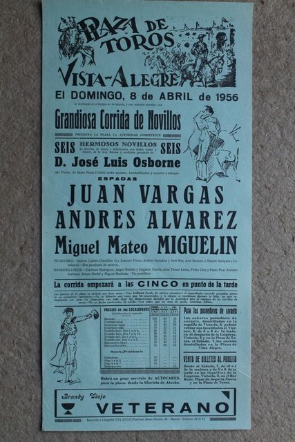 Cartel de toros de Vista-Alegre. Madrid. 8 de abril de 1956.