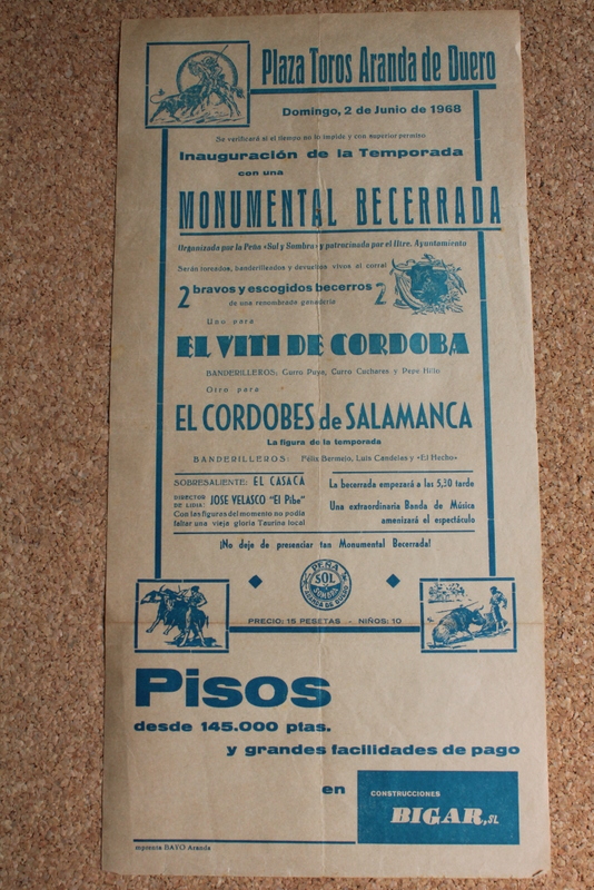 Cartel de toros de Aranda de Duero. 2 de junio de 1968.