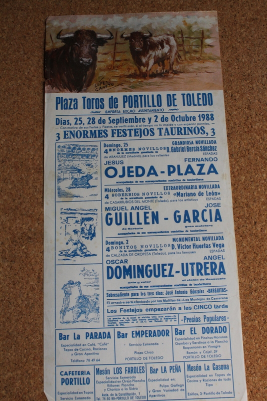 Cartel de toros de Portillo de Toledo. 25 y 28 de septiembre y 2 de octubre de 1988. 