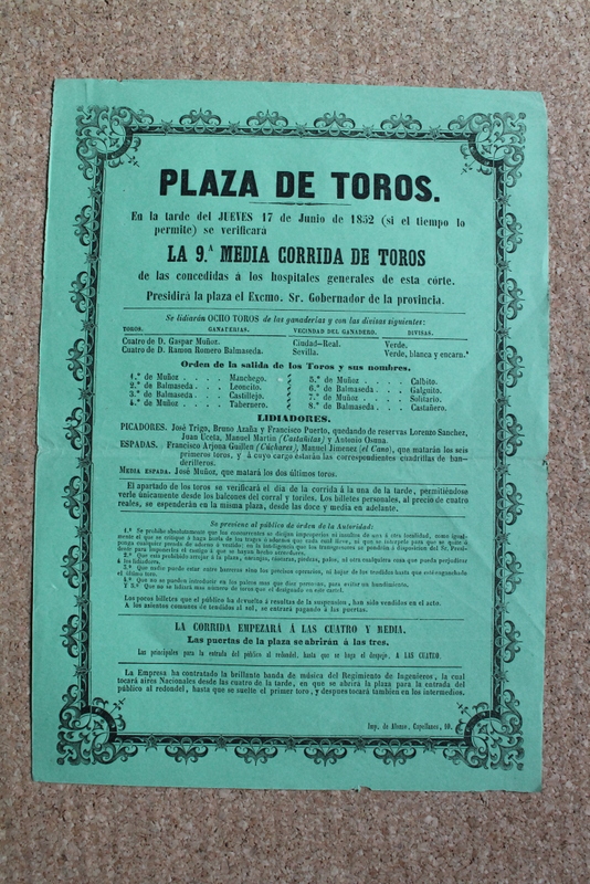 Cartel de toros de Madrid. 17 de junio de 1852.